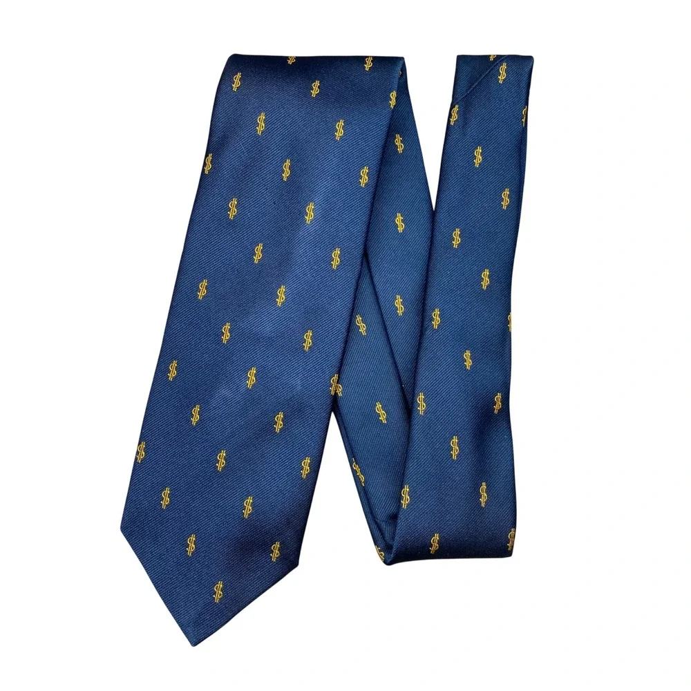 Vintage Robert Talbott Silk Dollar Sign Tie Mens Navy Gold USA Money